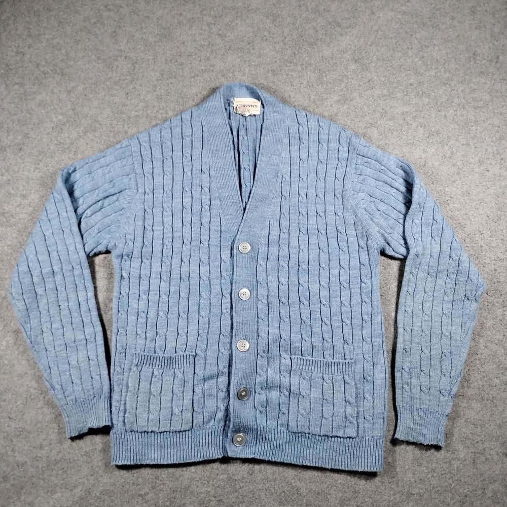 Vintage Mervyns Mens Blue Cable Knit Shawl Collar Cardigan Sweater Size Medium